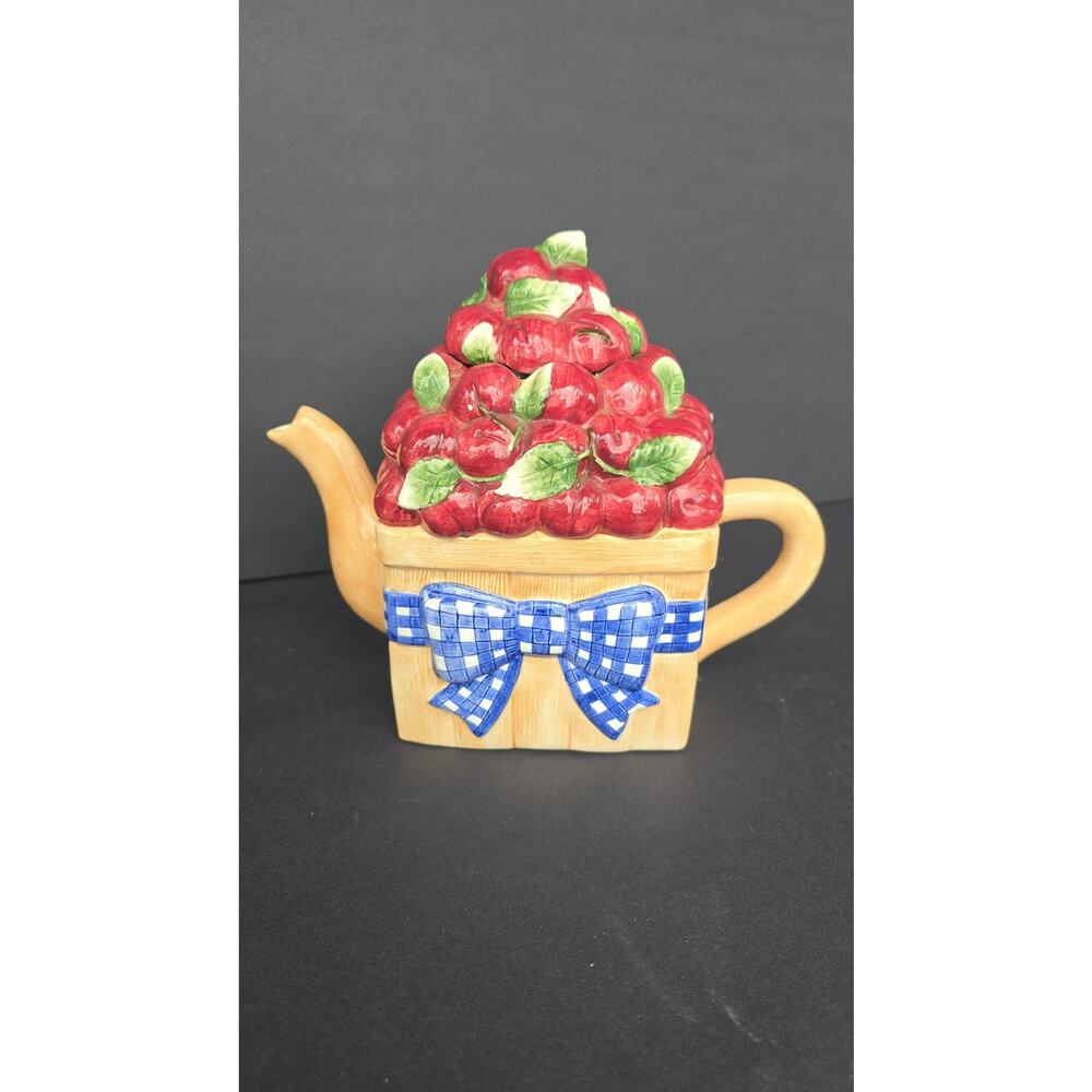 Certified International Cherry Basket Ceramic Teapot Blue Bow Peggy Jo Ackley